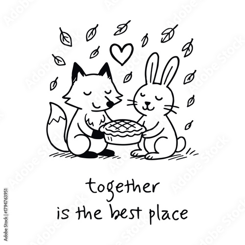 Black-and-white cartoon illustration of fox and rabbit holding pie with heart and falling leaves in whimsical togetherness theme with “together is the best place” text