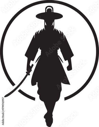 A silhouette image of a Korean warrior standing in front of a circle, holding a sword, and wearing a traditional Korean hat.