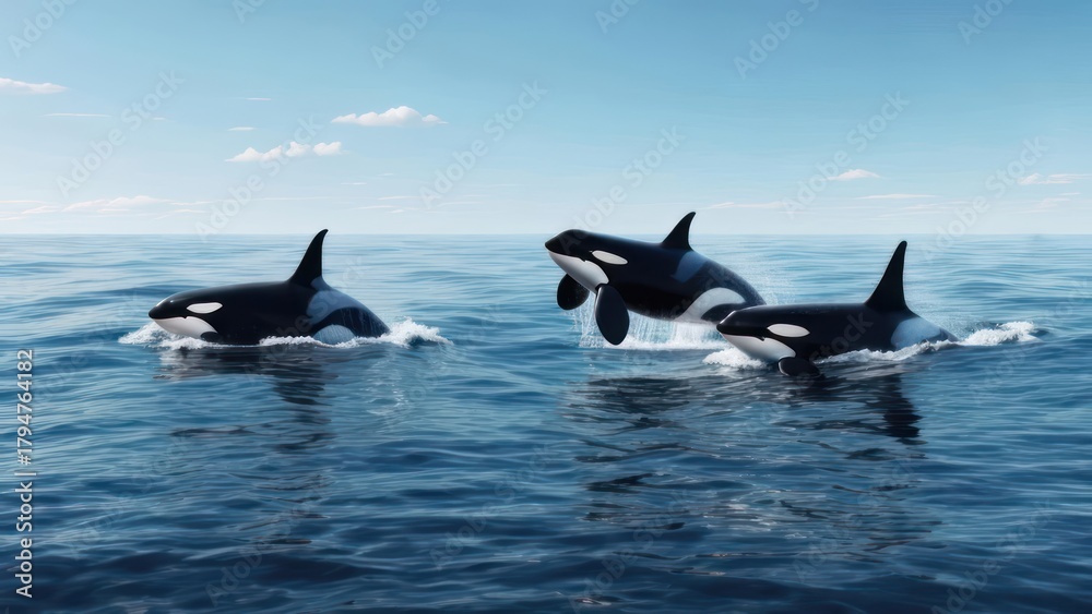 Fototapeta premium Orcas leaping in the ocean