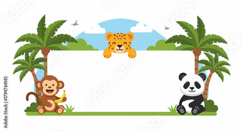 Jungle Animal Frame with Leopard, Monkey, Panda, and Palm Trees