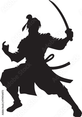 Silhouette of a Korean warrior in a dynamic pose, wielding a sword, showcasing traditional attire and stance.