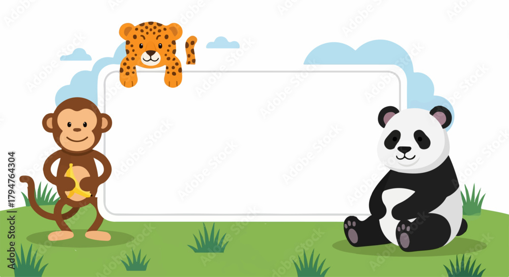 Obraz premium Cartoon Animal Sign with Monkey, Leopard, and Panda