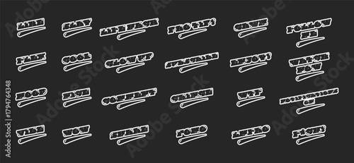 Retro black outline social media phrases set. Viral internet lingo. Follow me, pro tip, enjoy, watch now. Rounded bubble letters with swoosh. Vintage sports, varsity typography pack. Oi font used