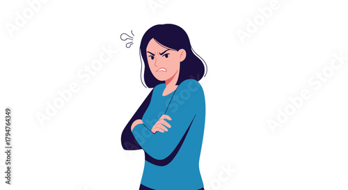 Furious woman with arms crossed and angry expression on white background
