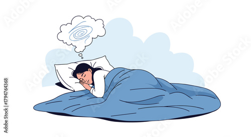 Young man sleeping peacefully in bed dreaming of thoughts