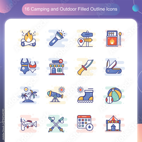 Camping Outdoor Icons – Filled Outline Style Set 3