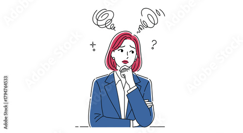 Confused Woman Wearing a Blue Suit Thinking Deeply