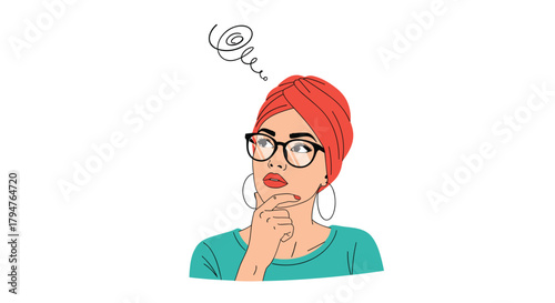 Thoughtful Woman Wearing Headscarf and Glasses Considering Something