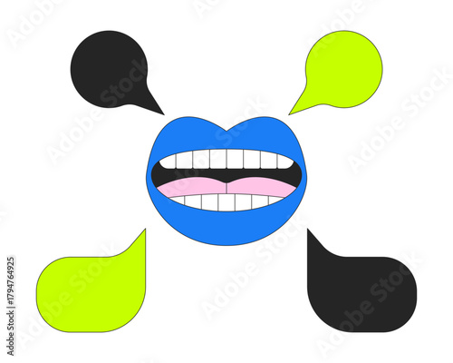 Mouth speaking with empty speech bubbles 2D cartoon object. Verbal communication, conversation. Talking lips with dialogue boxes isolated element flat vector clip art on white. Spot illustration