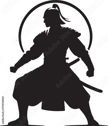 Silhouette of a Korean warrior in traditional attire, set against a circular backdrop, illustrating a powerful stance.