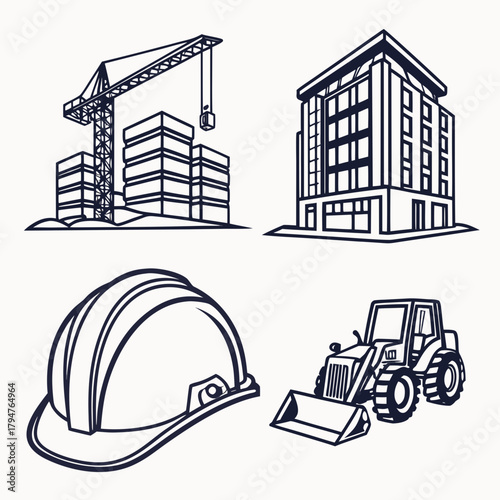 Monochrome Construction, Building, and Industry Vector Set