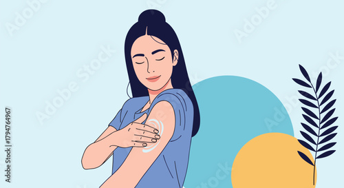 Woman applying medicated patch to her arm