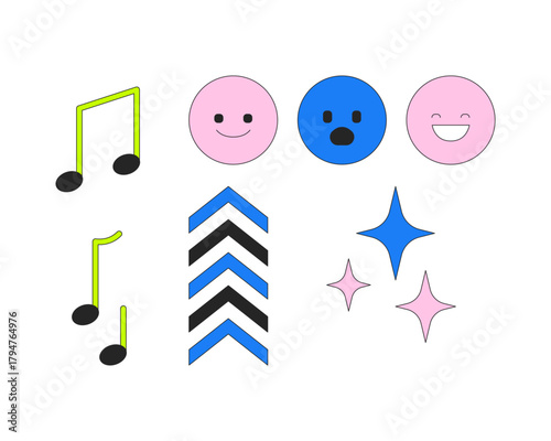 Music notes, emojis and chevron sparkles 2D cartoon objects set. Song, emotion. Fun and creativity in digital media isolated elements flat vector clip arts on white. Spot illustrations collection