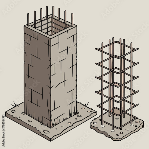 Isometric Reinforced Concrete Column Construction Vector Illustration