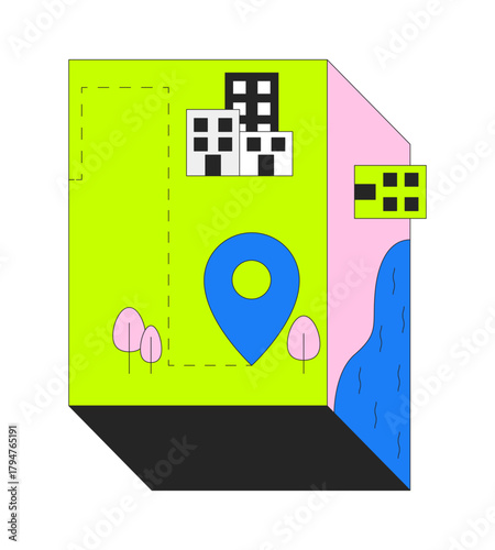 Isometric urban map with location pin 2D cartoon object. Stylized buildings, trees and river on geometric shape. Navigation marker isolated element flat vector clip art on white. Spot illustration