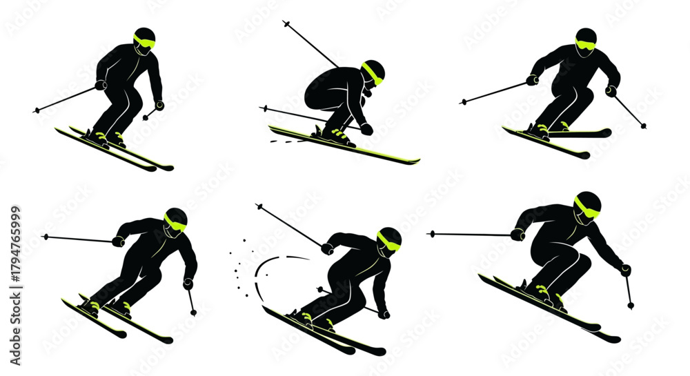 Fototapeta premium Dynamic skier silhouettes showing impressive downhill action, perfect for winter sports promotions and outdoor adventure campaigns this ski season