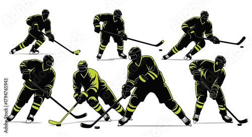 Dynamic ice hockey players in action poses ready for a thrilling game, perfect for sports marketing or team branding, showcasing power and skill
