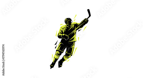 Dynamic hockey player celebrates winning goal in vibrant, modern design, perfect for sports branding and event promotion, conveying energy and victory