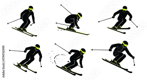 Dynamic skier silhouettes showing impressive downhill action, perfect for winter sports promotions and outdoor adventure campaigns this ski season