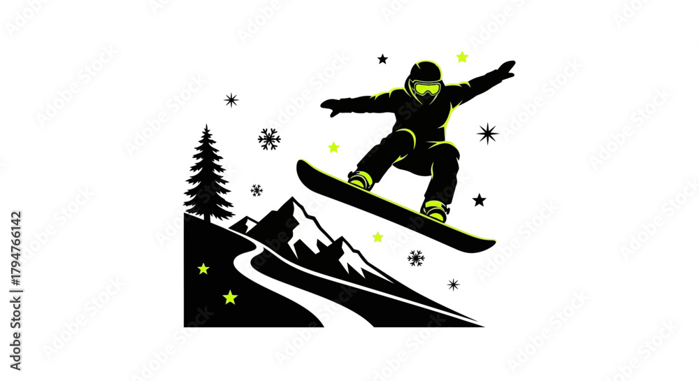 Fototapeta premium Dynamic snowboarder soaring through snowy mountain landscape, perfect for winter sports promotions and outdoor adventure marketing campaigns, fresh powder days