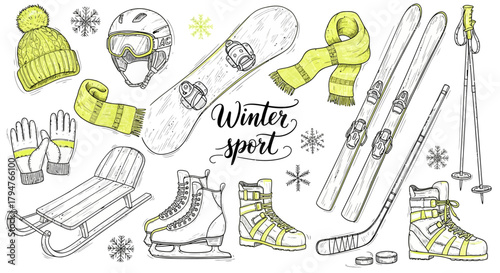 Get Ready for Winter Fun with Skis, Snowboard, and Hockey Gear - Perfect for Winter Sports Enthusiasts and Adventure Seekers