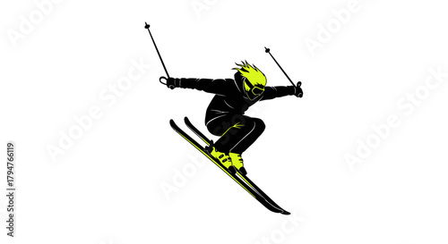 Dynamic skier silhouette performing a thrilling jump, perfect for winter sports promotions and action-packed designs, showcasing skill and passion