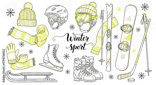 Get ready for winter fun with this sporty gear illustration! Perfect for holiday promotions, ski resort ads, and winter vacation packages. Stay active and fit!