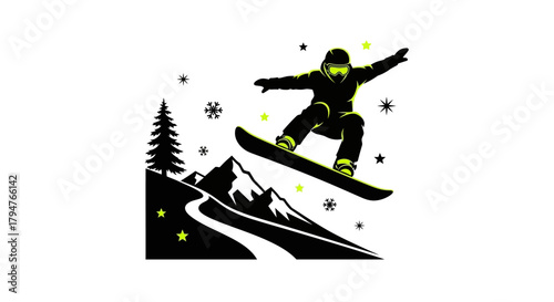 Dynamic snowboarder soaring through snowy mountain landscape, perfect for winter sports promotions and outdoor adventure marketing campaigns, fresh powder days