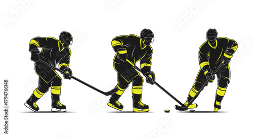 Dynamic hockey players in action ready to score a goal, perfect for sports advertising, and branding with a bold and energetic feel for your next project