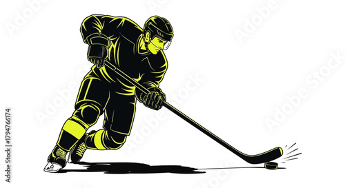 Dynamic hockey player striking puck with force illustration for sports marketing or team branding projects with bold yellow accent on white background