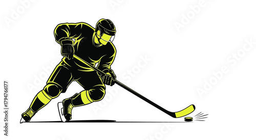 Dynamic hockey player skating with speed and determination ready for the winning shot, a symbol of sportsmanship and athletic prowess on the ice