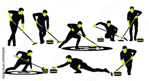Dynamic curling team silhouettes in action on the ice rink, showcasing skill and precision for winter sports marketing and promotional campaigns