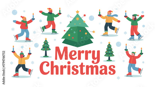 Festive Skate: A vibrant and joyous scene depicts ice skaters, accompanied by a festive Christmas tree, candles and snowfall, encapsulating the spirit of Christmas and winter joy.