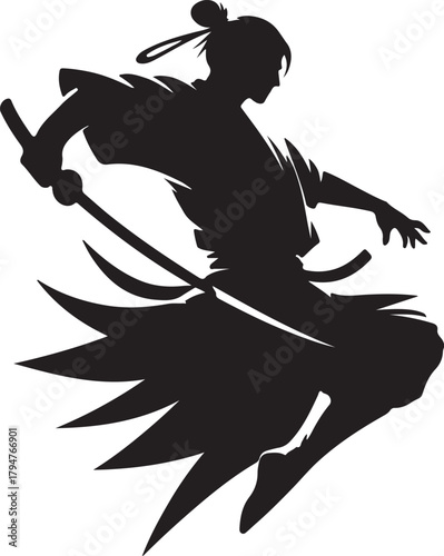 A stark, bold silhouette depicts a Japanese warrior in mid-action, wielding a sword with dynamic movement and traditional attire.