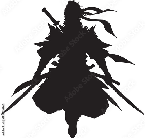 Silhouette illustration of a Japanese warrior, featuring traditional garb and weaponry, embodying strength and historical martial arts.