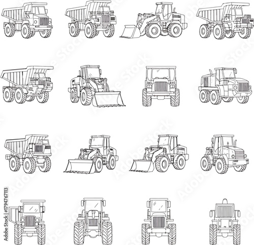 Collection of Heavy Construction Vehicles and Machinery Illustrations