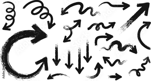 Creative arrows in grunge style, vector collection, beautiful and stylish. Set of isolated arrows from brush strokes, thick pointers isolated collection. EPS version.