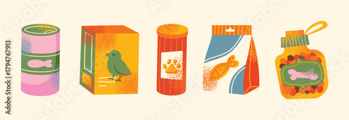 Set of various pet food packages, cans, treats, bones, kibble. Flat vector illustration cartoon pet supplement meal snack. Animal care and feeding concept