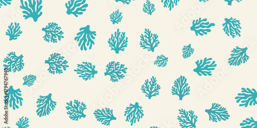 Stylish Coral Pattern Stock Graphic: This trendy design shows delicate cyan coral shapes scattered on a light beige background for ocean-themed designs and eye-catching aquatic illustrations