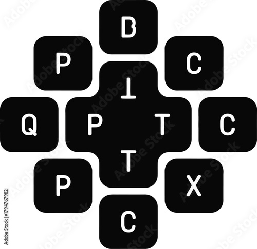 Black letters b, p, q, c, t, x icon in a grid pattern representing various concepts like process, options, choice, system, and data flow