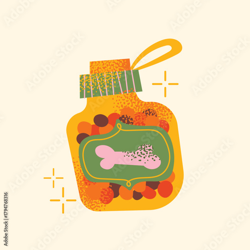 Stylized Jar of Pet Treats Vector Illustration. Glass Container with Dog Bone Label. Animal care and feeding concept