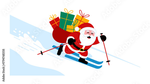 Santa Claus on the slopes:Santa Claus, complete with a sack full of gifts and wearing skis, is shown gracefully gliding down a snowy slope, embodying the excitement of the winter holiday season.