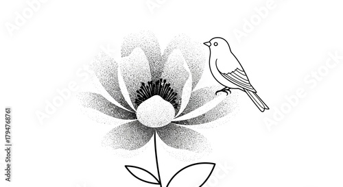 Elegant monochrome flower with bird illustration showcasing nature's tranquility and artistic design