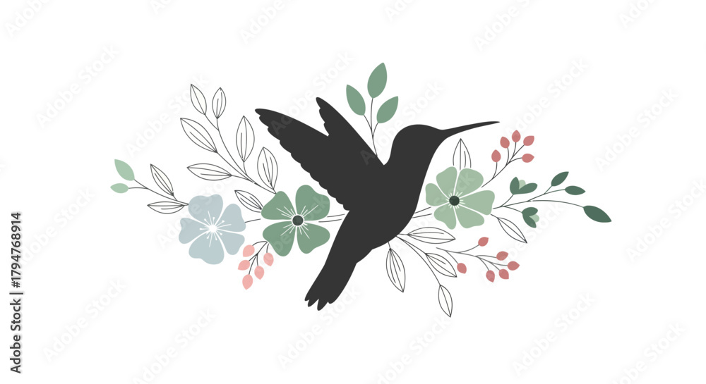 Fototapeta premium Elegant hummingbird silhouette with floral embellishments for stationery designs