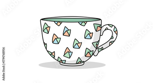 Stylized geometric teacup illustration with pastel triangles on white background