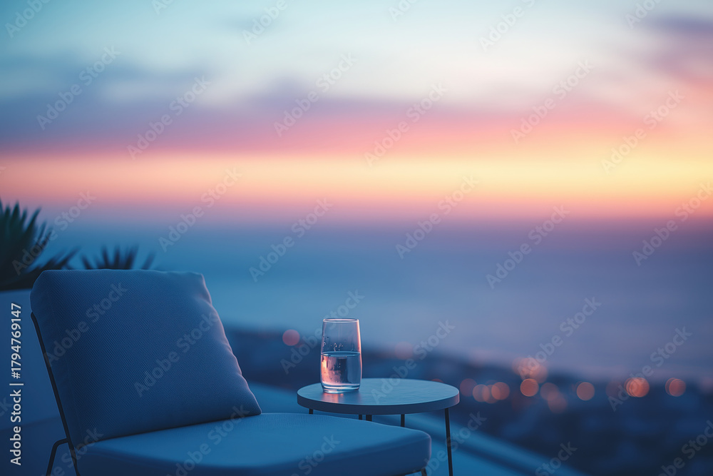 Obraz premium Tranquil Sunset Ocean View Luxury Resort Relaxation Glass Water Drink Horizon Lifestyle