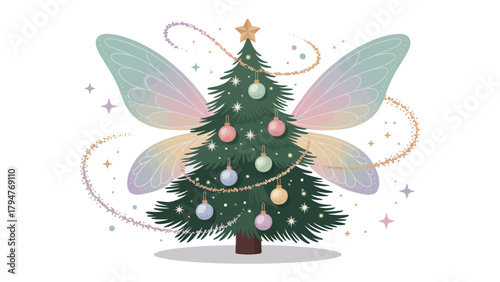 Whimsical Christmas Tree with Fairy Wings: A charming Christmas tree adorned with fairy wings, shimmering ornaments and a golden star on top. Evoking a magical winter wonderland and holiday cheer.