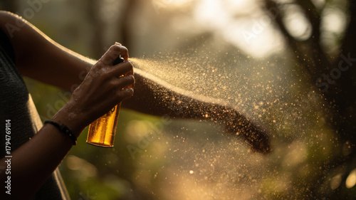 A person is spraying insect repellent on their arm while outdoors, sun flare shining