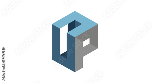 Intricate geometric construction with visual depth and spatial play in blues and grays