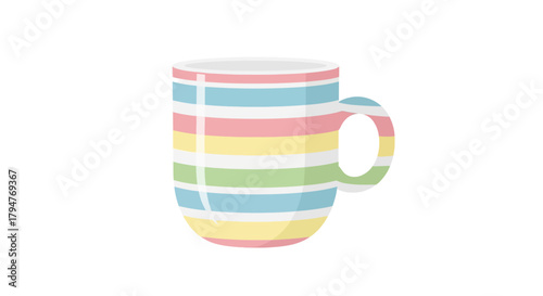 Whimsical ceramic mug with colorful horizontal stripes, perfect for illustration and graphic